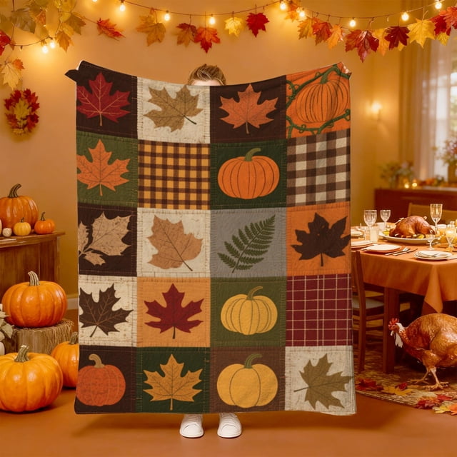 Manta de Franela con Calabaza y Hoja de Arce para Acción de Gracias | Estampado Digital | Manta Cálida y Acogedora para La Siesta | 150 X 130 Cm | Multicolor | 1 Unidad