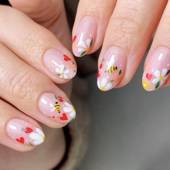 24 Pcs Flowers on Nails Bees Artificial Nails Short Oval False Nails Glossy for Woman Girls