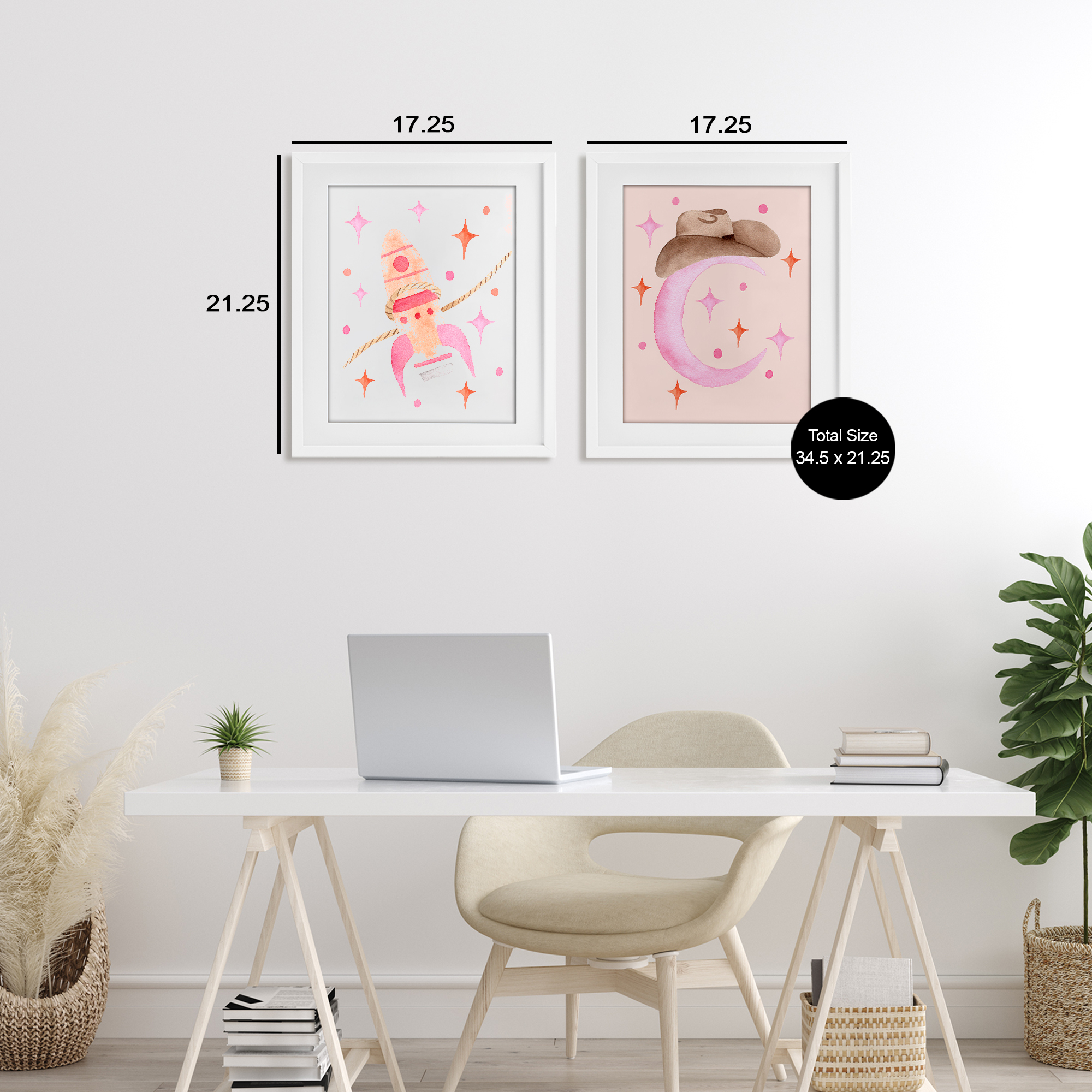 Space Cowgirl Rocket Ship 2 Piece White Framed Print Under Glass Set, design by Nina Jacobs