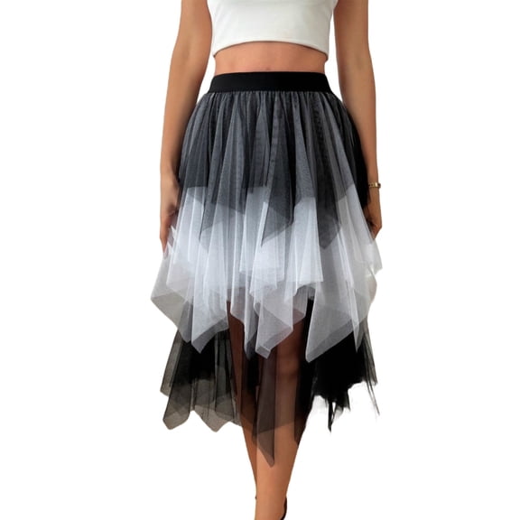 JGGSPWM Womens Tulle Skirts High Waisted Layered Ruffle Tutu Skirt Color Block A-line Irregular Mesh Midi Skirt Black S