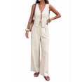 thumbnail image 3 of Women's Sleeveless Striped Wide Leg Outfits Tie Front Peplum Pants Sets Tank Top for Daily Wear Khaki S, 3 of 10