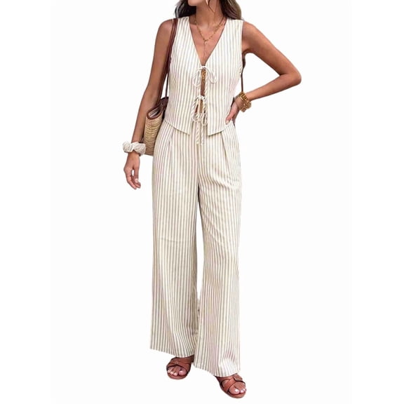 Women'S 2 Piece Outfits Striped Tie Front Sleeveless Peplum Tank Top and Wide Leg Pants Sets Khaki XL