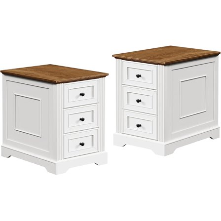 Farmhouse End Table Set of 2 with 3 Drawers, Wooden Slim Nightstand, Narrow Sofa Side Table with Storage for Living Room, Bedroom, Study, White and Walnut
