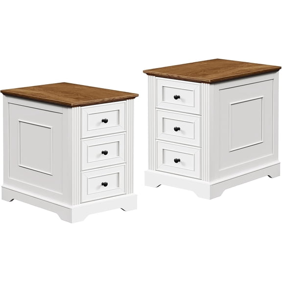 Farmhouse End Table Set of 2 with 3 Drawers, Wooden Slim Nightstand, Narrow Sofa Side Table with Storage for Living Room, Bedroom, Study, White and Walnut