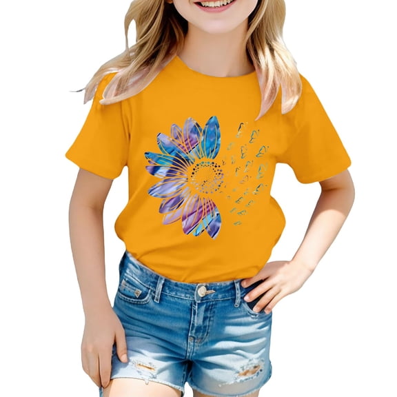 Kids Girls Cotton Short Sleeve Shirts Round Neck Flower Graphic Relaxed Casual Tops Comfy Soft Breathable Blouse Tees