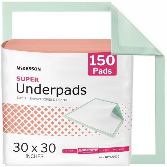 McKesson Super Underpads, Incontinence Bed Pads 30" x 30" [150 Count], Moderate Absorbency