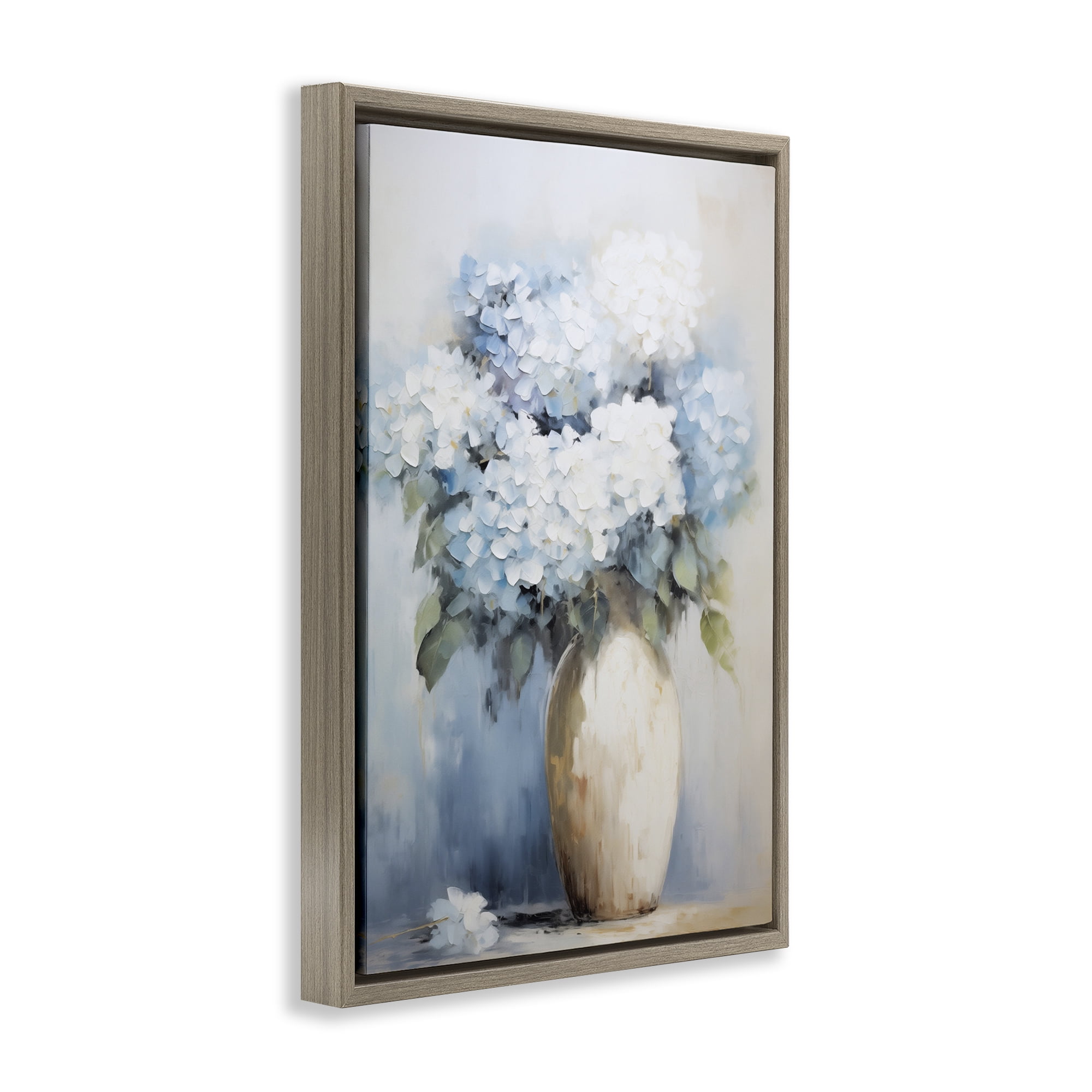 Stupell Industries White & Blue Hydrangeas Botanical & Floral Painting Brown Floater Framed Art Print Wall Art, 21 x 31