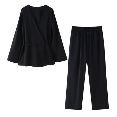 XFLWAM Women s Pajamas Sets Fashion Solid Color Cardigan Blouse Tops Sweatpant Loungewear Set Casual Going out Outfits