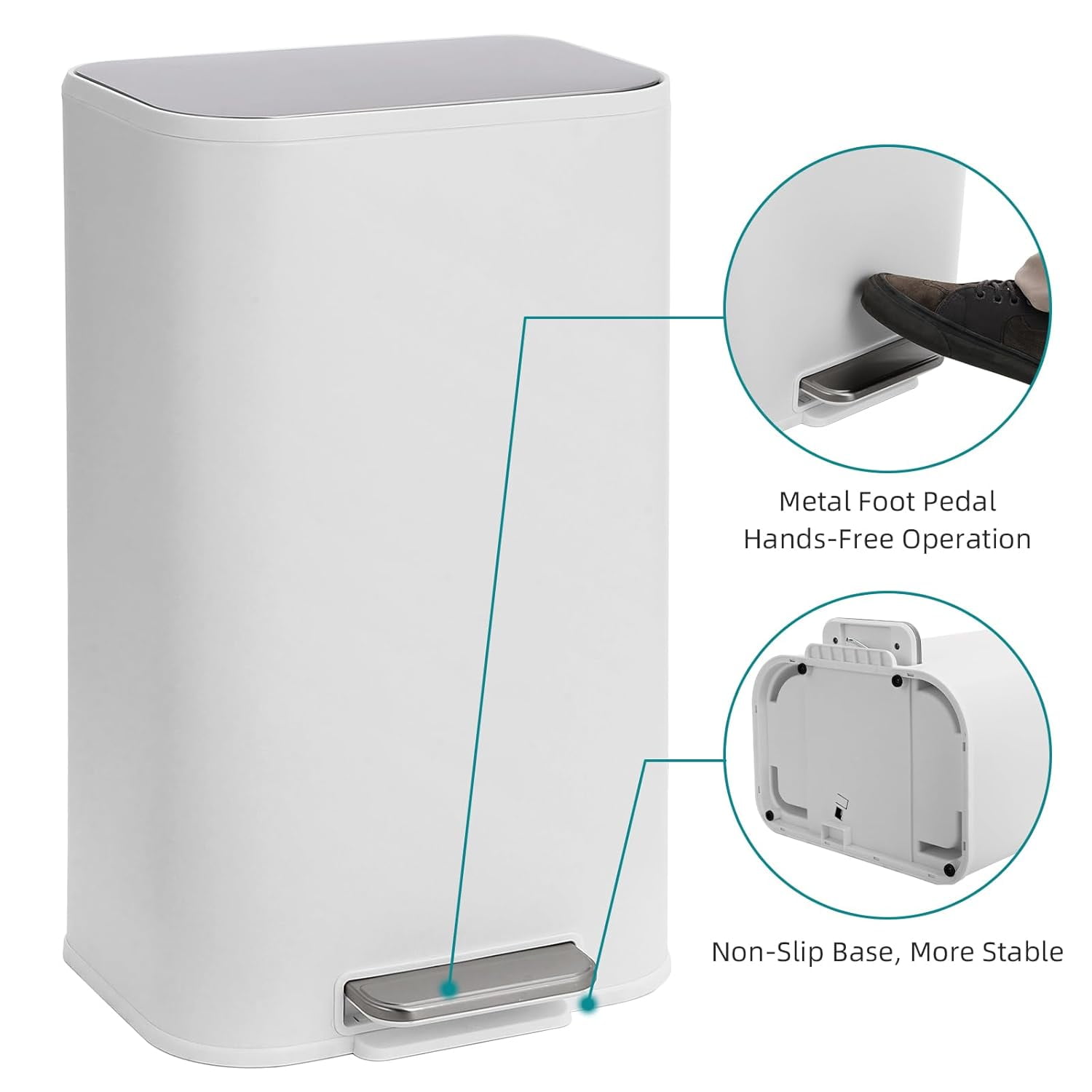 Lumiparty Bathroom Trash Can, 8 Gallon Stainless Steel Garbage Can with Lid & Inner Bucket, Recycling Bin for Home Batbroom Office Living Room, White