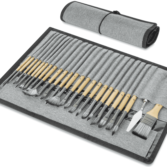 Xueyu Paint Brushes Set for Acrylic Painting, 24Pcs Oil Watercolor Acrylic Paint Brush, Artist Paintbrushes for Body Face Rock Canvas, Kids Adult Drawing Arts Crafts Supplies, Original Wood Color