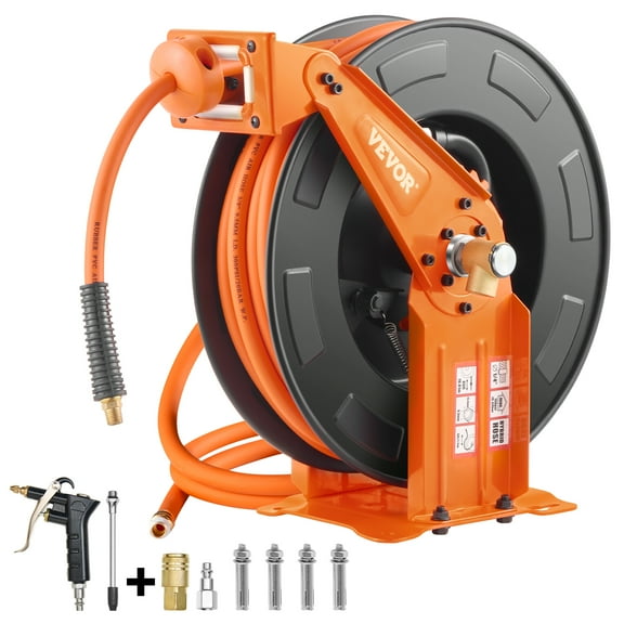 VEVOR Retractable Air Hose Reel with Double Arms, 3/8 IN x 65FT Hybrid Air Hose Max 300PSI, Air Compressor Hose Reel with 5FT Lead in, Ceiling/Wall Mount Heavy Duty Steel Reel for Workshop Garage