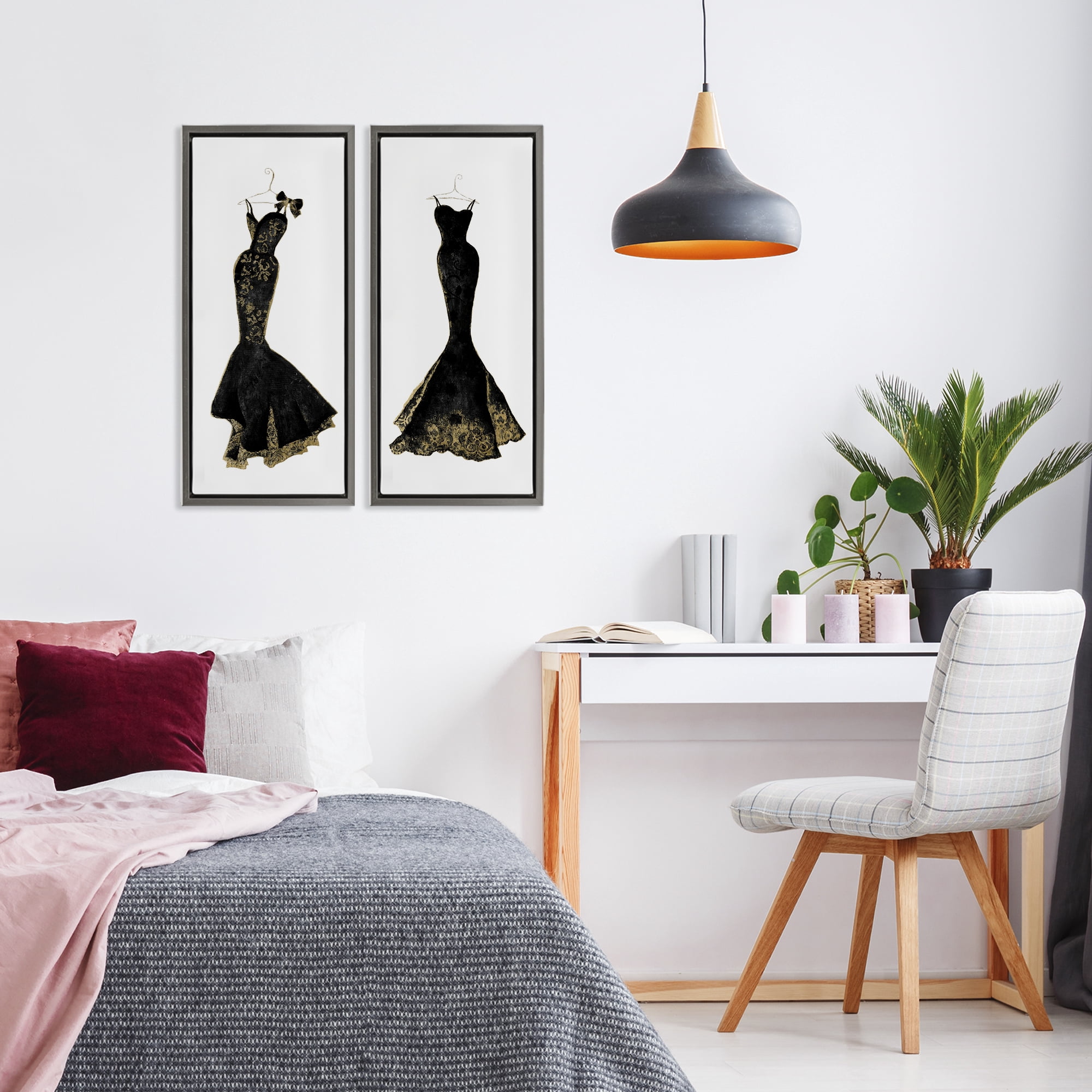 Stupell Industries Gilded Black Evening Gowns 2 Piece Gray Framed Floater Canvas Set, design by Janet Tava