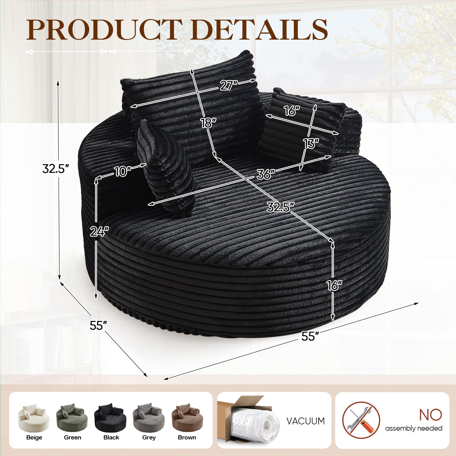 Aukfa 55" Oversized Round Chaise Lounge Chair Indoor, Corduroy Upholstered Sleeper Chair with Deep Seat & Pillows, Black