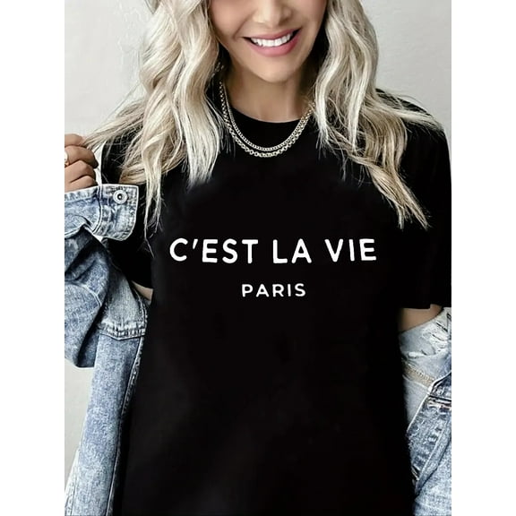 C'est La Vie Paris Textile Print Short Sleeve Shirt for Women Black One-Piece