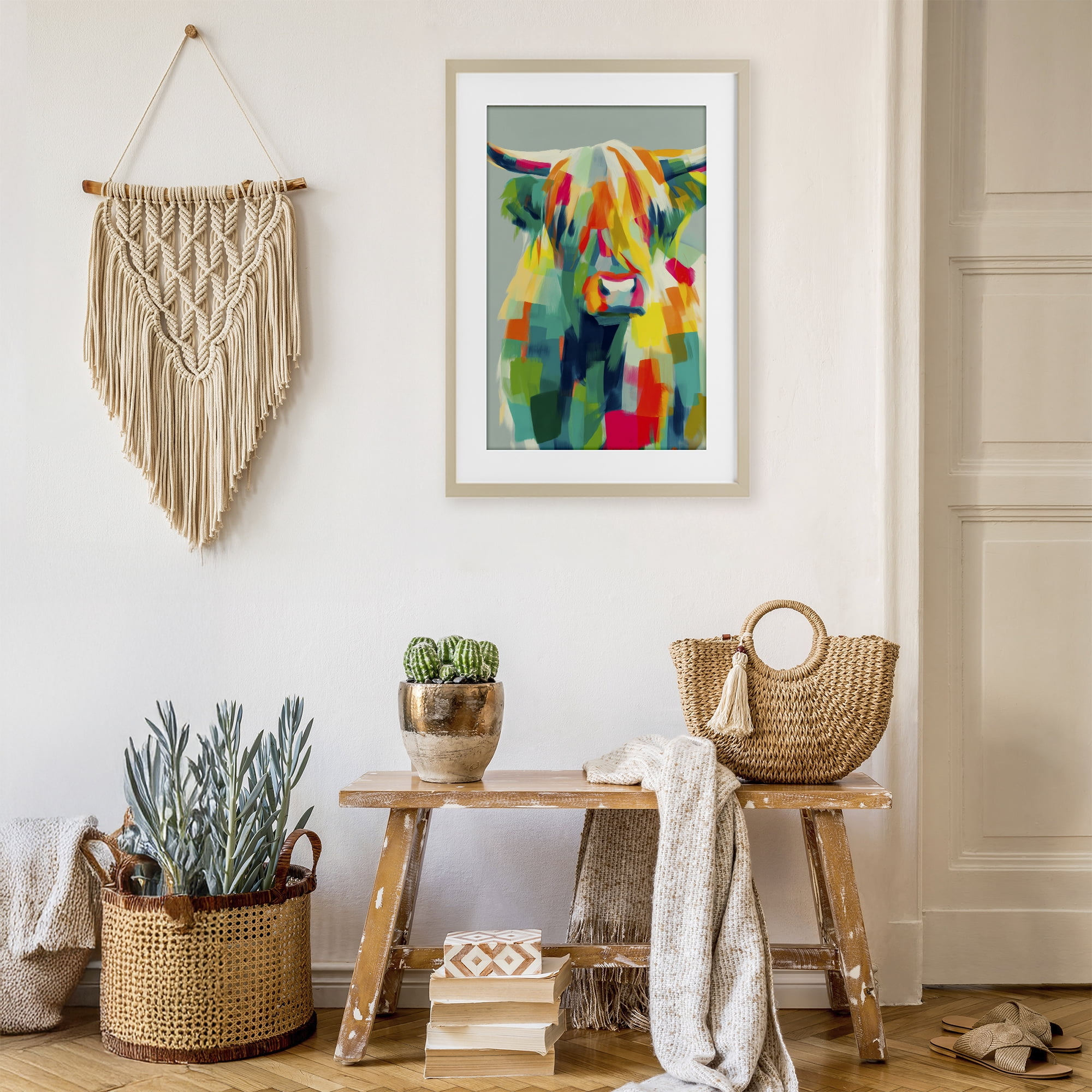 Stupell Industries Highland Cow Abstract Patchwork Birch Framed Print Under Glass, design by Chromatic Storm Studio