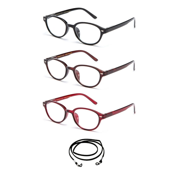 3 Pack Newbee Fashion - "Melanine" Simple Comfortable Light Weight Vintage Round Reading Glasses w/ Spring Hinges with Lanyard  1.00