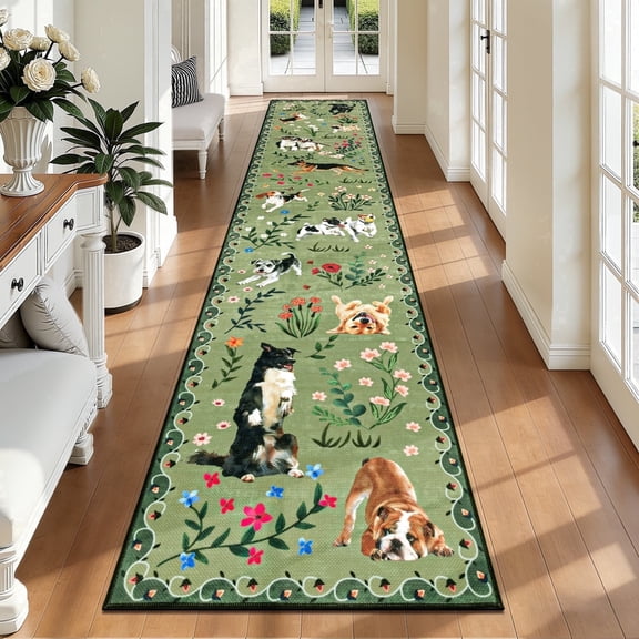 MJIAexp 2'x10' Jute Animal Dog Floral Kitchen Runner Rug,Woven Texture Machine Washable Runner Rug Non-Slip Rubberback Hallway Runner Laundry Rug Throw Carpet for Living Room Bedroom Dining Room Entr