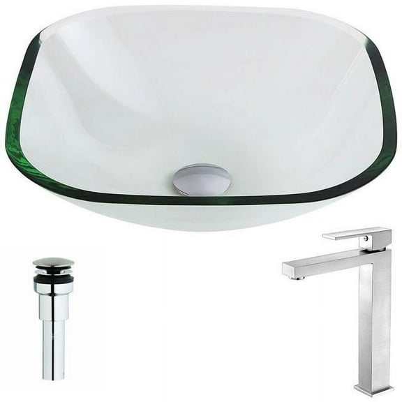 Anzzi Cadenza Series Deco-Glass Vessel Sink in Lustrous Clear with Key Faucet in Brushed Nickel