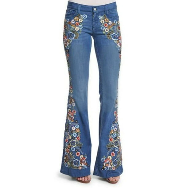 Women Jeans High-Rise Bell Bottom Flare Jeans Floral Embroidered Broad ...
