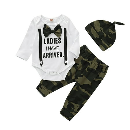 

KIMI BEAR Newborn Boys Outfits 9 Months Newborn Boy Autumn Winter Outfits 12 Months Newborn Boy Casual Bow Tie Long Sleeve Romper + Camouflage Pants + Hat 3PCs Set White Camouflage
