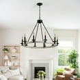 thumbnail image 3 of Newest 32” Rustic Farmhouse 10-Light Candle Chandelier, Black Metal & Wood for Dining Room, 3 of 10