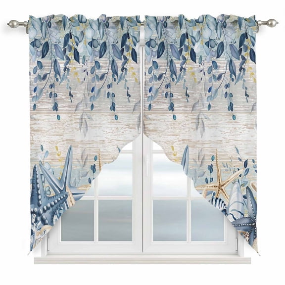 Blue Eucalyptus Coastal Swag Curtains for Kitchen/Bedroom/Living Room, Beach Starfish Shell Nautical Vintage Scalloped Curtains 63 Inch Long, Window Swag Topper Curtains Valances 2 Panels Set 36"x63"