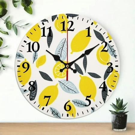 PRATYUS 10 Inch Wooden Wall Clock with Lemons Leaves Print, Silent, Frameless Design, Battery Operated, Perfect for Living Rooms, Kitchens, Dorms & Gifts 10x10in