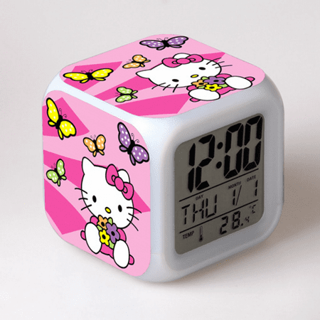 HANNTAOO Digital Alarm Clock for Kids, Hello Kitty Pattern 7 LED Color Changing Wake Up Clock with Thermometer Function and Night Light, Gift for Boys Girls A93-066 HTNL#1064
