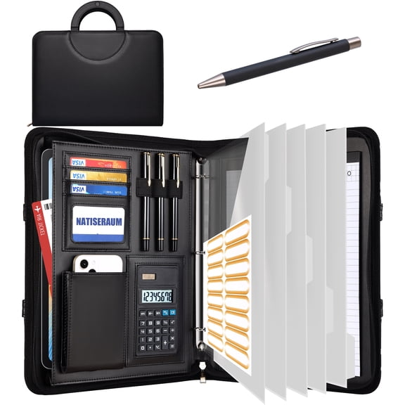 NATISERAUM Portfolio Binder, 3-Ring Padfolio with Magnetic Handle, Pen, Notepad, 5 Dividers for Business/School/Work