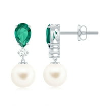Rosec Jewels Freshwater Pearl Drop Earrings with Lab Grown Emerald and Diamond - AAA Grade, 925 Sterling Silver