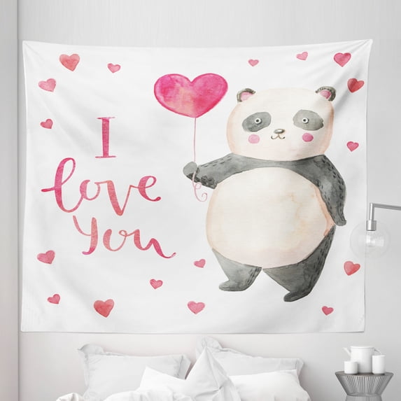 I Love You Tapestry, Panda Bear Holding a Balloon Hearts Playroom Watercolor Art, Fabric Wall Hanging Decor for Bedroom Living Room Dorm, 5 Sizes, Dark Coral Ivory Grey, by Ambesonne