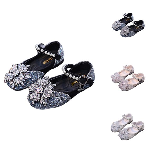 SGFCWSX Girls Dress Shoes Rhinestone Flower Decor Pearl Ankle Strap Closed Toe Flat Mary Jane Shoes for Wedding Party Daily Wear Black Size 12.5 Little Kids
