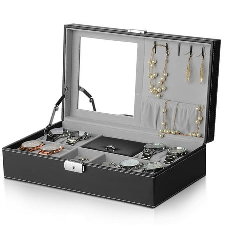Sortwise Black Leather Watch Box Jewelry Organizer Storage Case Jewelry Organizer Storage