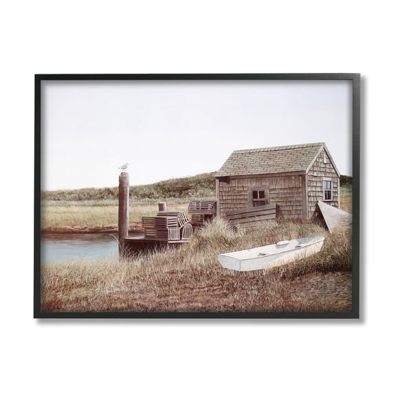 Stupell Industries Rural Seaside Cabin Seagull Perched Canoe Boat Painting Black Framed Art Print Wall Art, Design by Tom Mielko