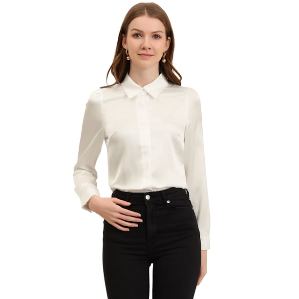 Camisa Casual de Negocios Allegra K de Satén de Manga Larga con Botones Y Cuello en Punta para Mujer blanco XS