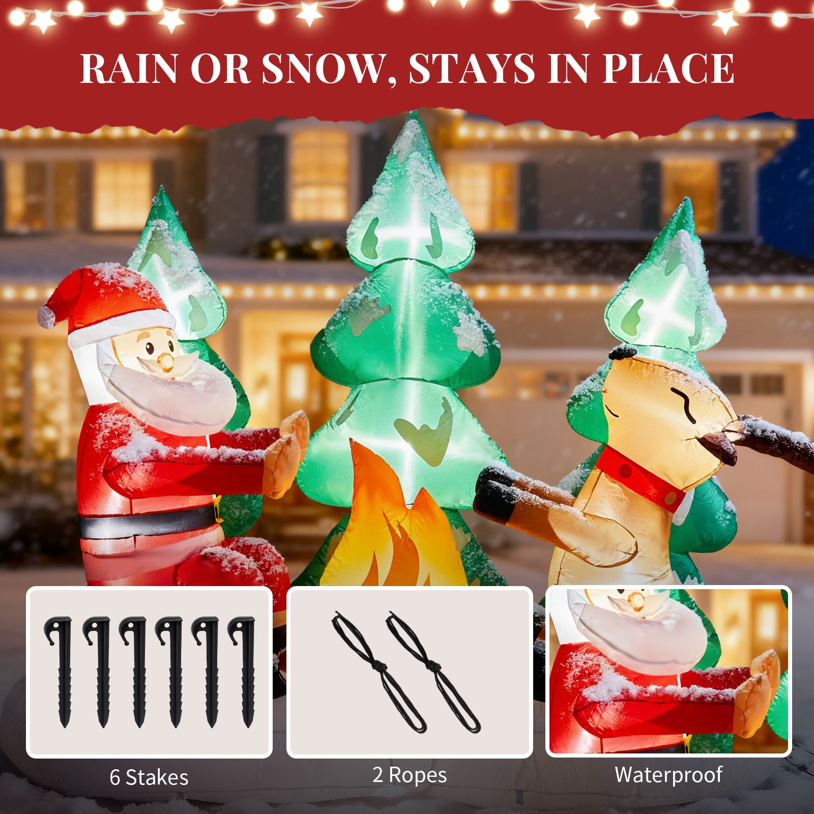 Astoutdoor Christmas Inflatable Decoration, Santa and Reindeer Around Campfire with Built-in LED Lights, 106.3 x 56.3 x 94.5 in