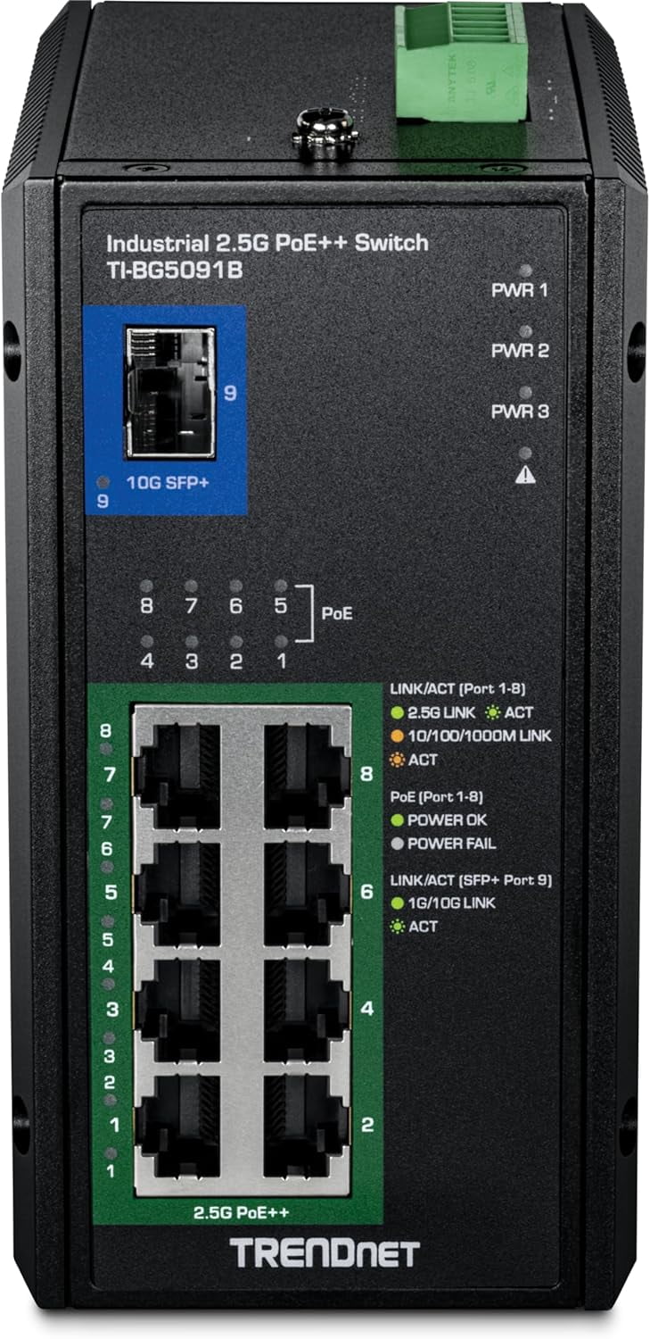 TRENDnet TI-BG5091B, 9-Port Industrial 2.5G DIN-Rail PoE++ Switch with 10G SFP+ Port (24 – 57V)