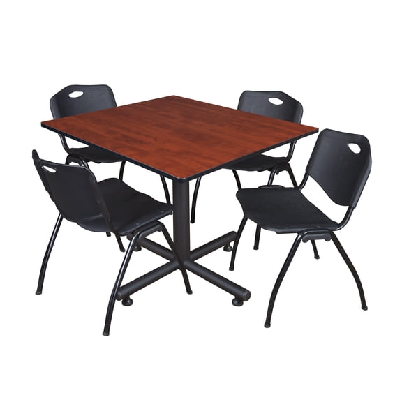 Regency Kobe 48" Square Breakroom Table Cherry and 4 'M' Stack Chairs Black (TKB4848CH47BK)