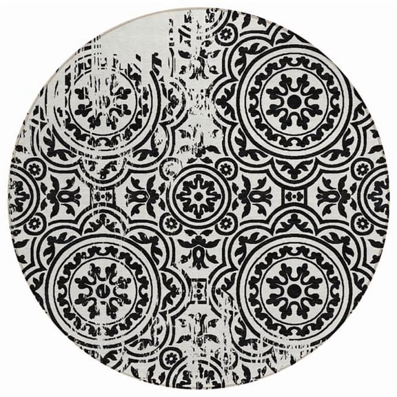 HomeRoots 585330 8 ft. Round Medallion Washable Indoor & Outdoor Area Rug, Black & Ivory