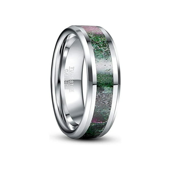 NUNCAD 8mm Tungsten Rings for Men Women Zoisite Inlay Green Ruby Wedding Band Comfort Fit Size 7-12