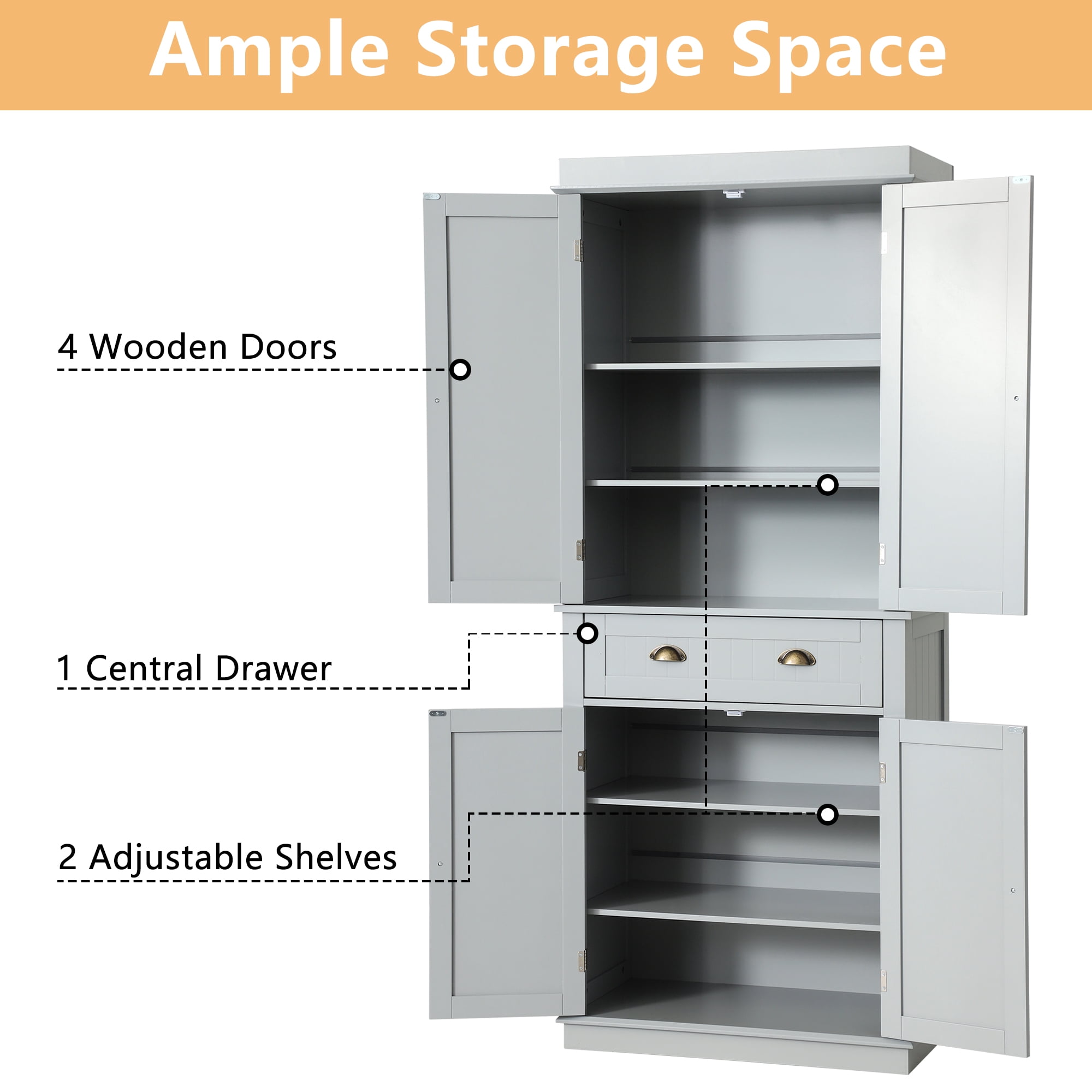 KIGOTY 72'' Tall Kitchen Pantry with 4 Doors, Large Drawer,Adjustable Shelf, Pantry Storage Cabinet for Dining Room Living Room, Kitchen,Grey
