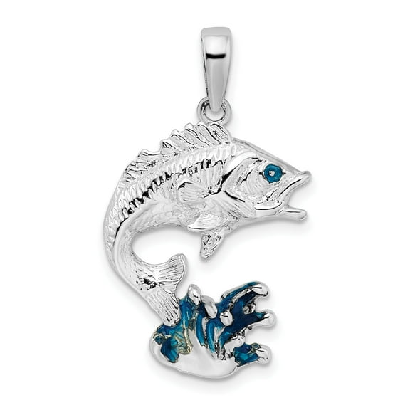 Million Charms 925 Sterling Nautical Sea Life Charm, Polished Enameled Jumping Bass Fish Pendant
