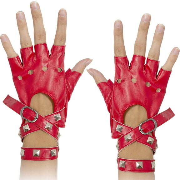 Skeleteen Fingerless Faux Leather Gloves - Red Biker Punk Gloves with Belt Up Closure and Rivet Design for Women and Kids