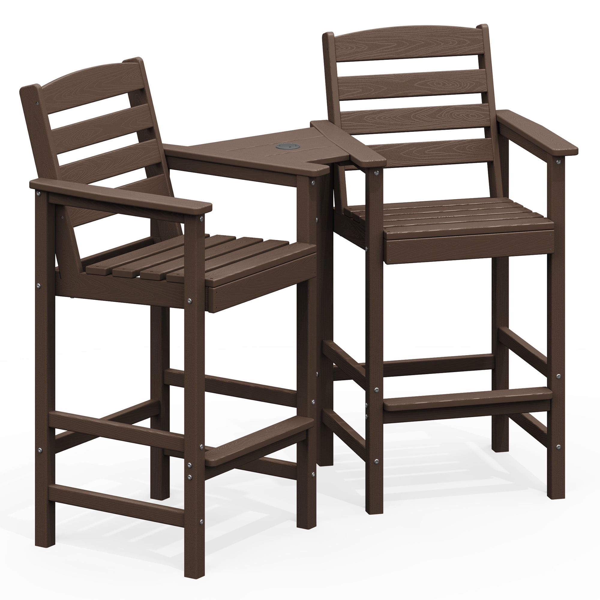 RIAFUN HDPE Height Bar Stools Set of 2 with Removable Connecting Table, Weather Resistant Outdoor Tall Adirondack Chairs with Umbrella Hole for Patio, Poolside, Garden, Coffee