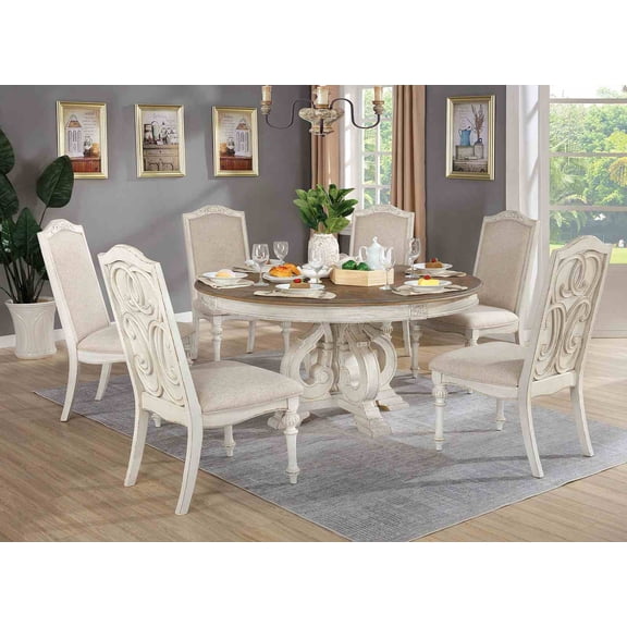 Antique White 7pc Dining Set Beautiful Pedestal Base Round Table 6x Chairs Dining Room Uphlstered Seat