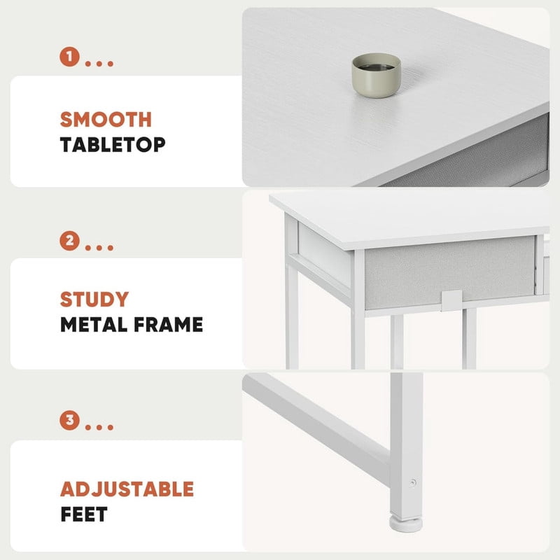 Kelno 48 Inch Computer Desk with Storage Shelf 2 Fabric Drawer Vanity Writing Table, White