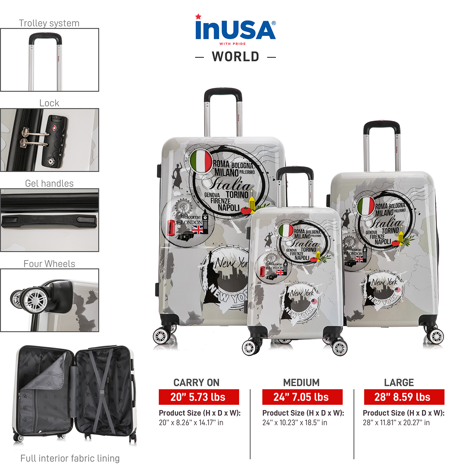 Inusa 3-Pc. Lightweight Print Hardside Spinner Luggage Set Paris Prints