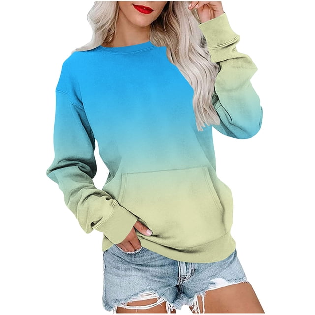 Dagugfen Chemises à Manches Longues pour Femmes Chandail Dégradé Col Rond Ample Vêtements d'Automne Tendance Confortables Chandails en Molleton
