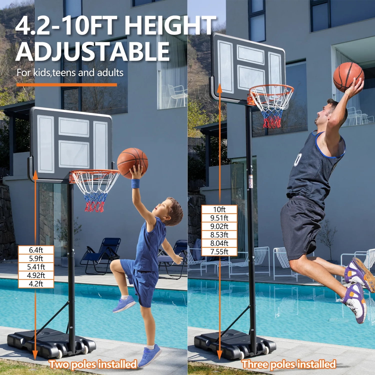 Portable Basketball Hoop, 4.2-10ft Adjustable Height, 44" Shatterproof Backboard, Fillable Base with 2 Wheels for Youth & Adults