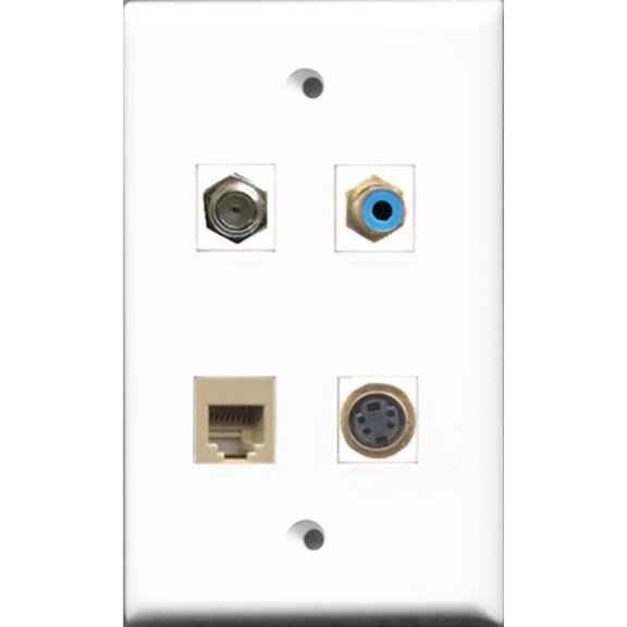 RiteAV 1 Port RCA Blue and 1 Port Coax Cable TV- F-Type and 1 Port Phone RJ11 RJ12 Beige and 1 Port S-Video Wall Plate